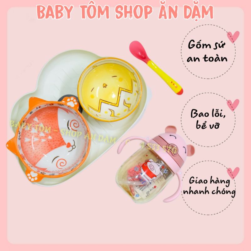 Combo Bát ăn dặm gốm sứ và bình uống nước cho bé yêu NPP Baby Tôm