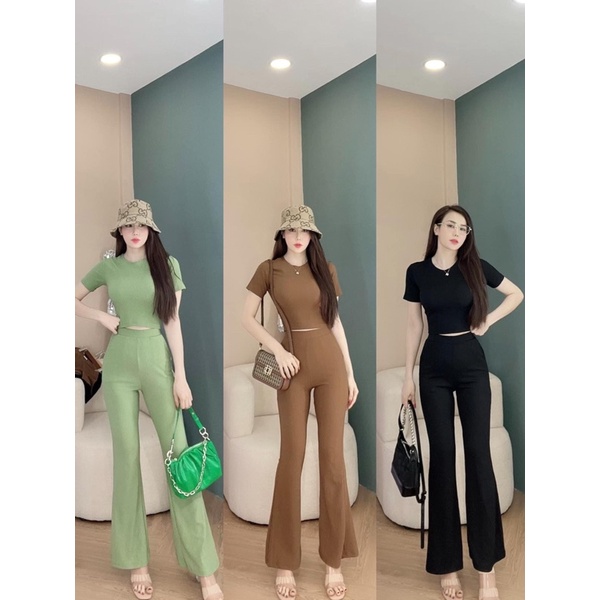 Set thun gân áo croptop quần ống loe