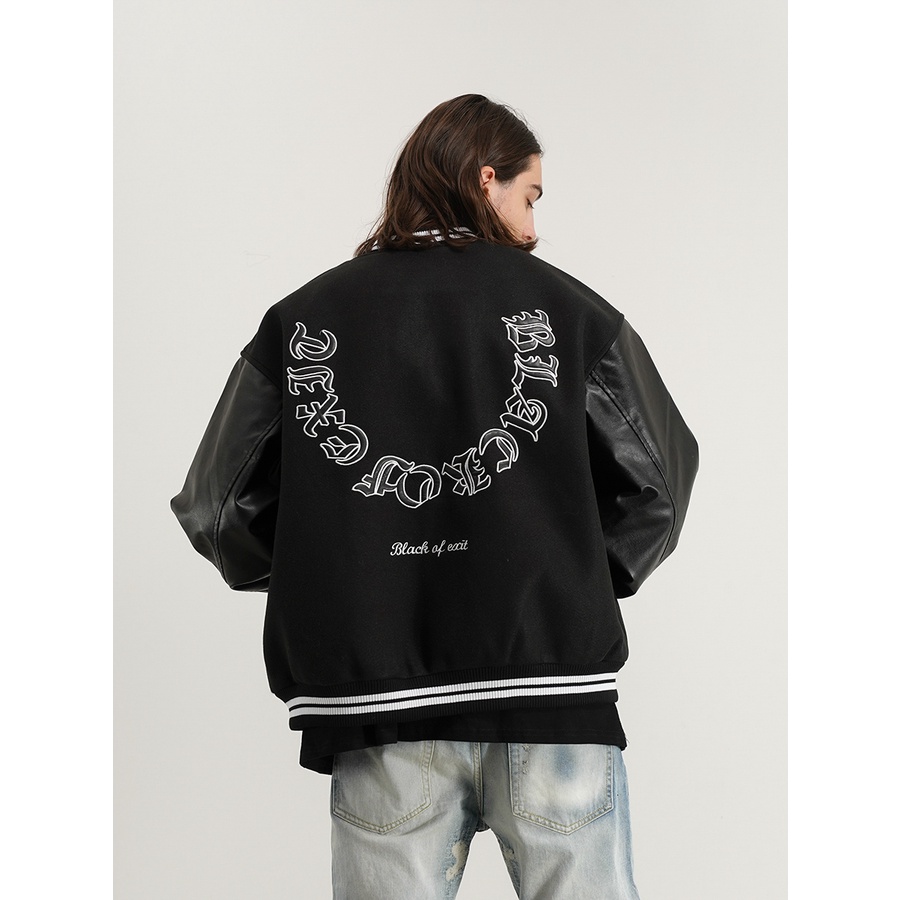 Áo Khoác Varsity Jacket BOM HOUSE Bomber Bóng Chày Basic Nam Nữ Chất Liệu Kaki Phối Tay Da