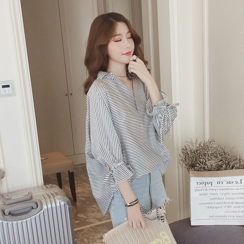 Áo kiểu RENJIANVSHENG 172582 tay lửng cánh dơi cổ chữ V họa tiết kẻ sọc thời trang thanh lịch dành cho nữ