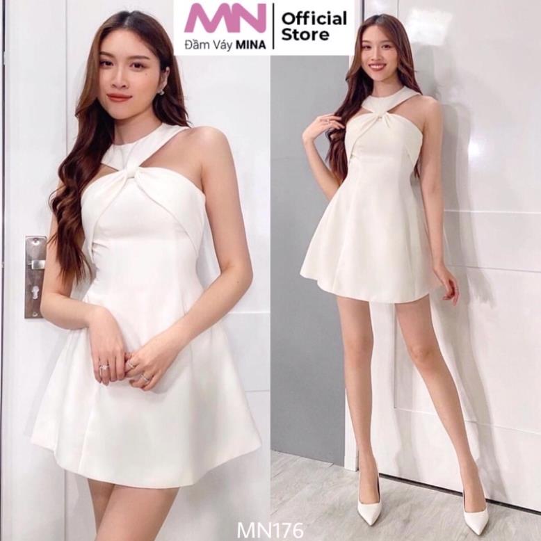 Đầm trắng xoè Cotton lạnh dáng ngắn kiểu xoắn cổ yếm trẻ trung xinh xắn đi chơi, đi tiệc - MN176 - Đầm Váy Mina ^