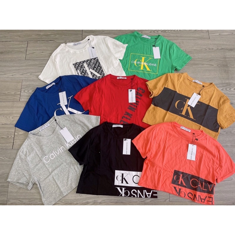 Áo thun croptop nữ cổ tròn tay ngắn in chữ CK-hàng xuất