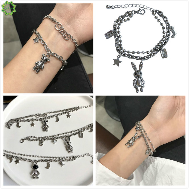 Vòng đeo tay kim loại mặt hình gấu/ thỏ/ phi hành gia phong cách Hàn Quốc thời trang