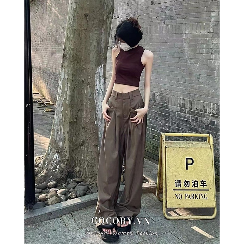 Cocory vn Bộ Áo Tank Top Không Tay + Quần Dài Ống Rộng Lưng Cao Thời Trang Mùa Hè Quyến Rũ Cho Nữ