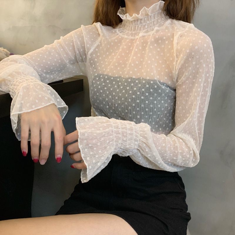Áo chiffon ren lưới ôm dáng tay dài cổ cao thời trang xuân thu 2022 cho nữ