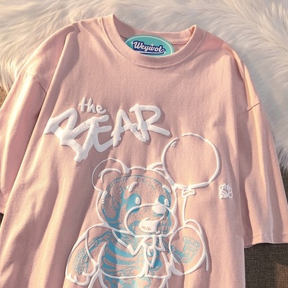 Áo thun ZHELIHANGFEI ngắn tay dáng rộng in hình gấu phong cách Preppy dễ phối đồ