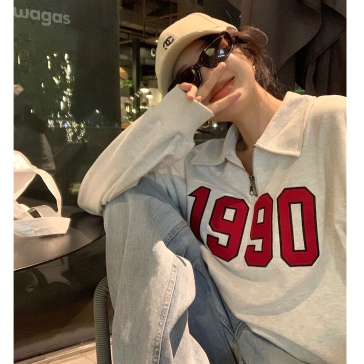 Porozi  Áo sweater tay dài cổ bẻ in họa tiết phong cách Hàn Quốc thời trang dành cho nữ