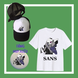 Set áo thun Sans bé trai, bé gái siêu ngầu, trẻ em yêu thích, Mũ lưỡi trai Sans, Huy hiệu Sans