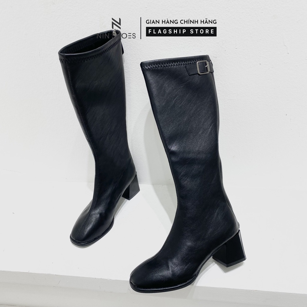 Giày boot đùi nữ 7p gót vuông khóa hông giả kéo khóa sau da si Ninshoes | BigBuy360 - bigbuy360.vn