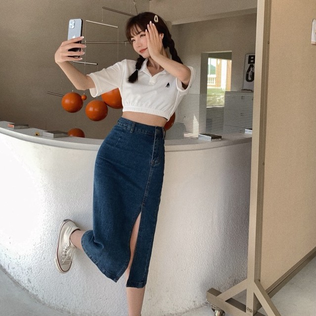 Chân váy jean cạp cao xẻ tà cá tính thời trang 43784