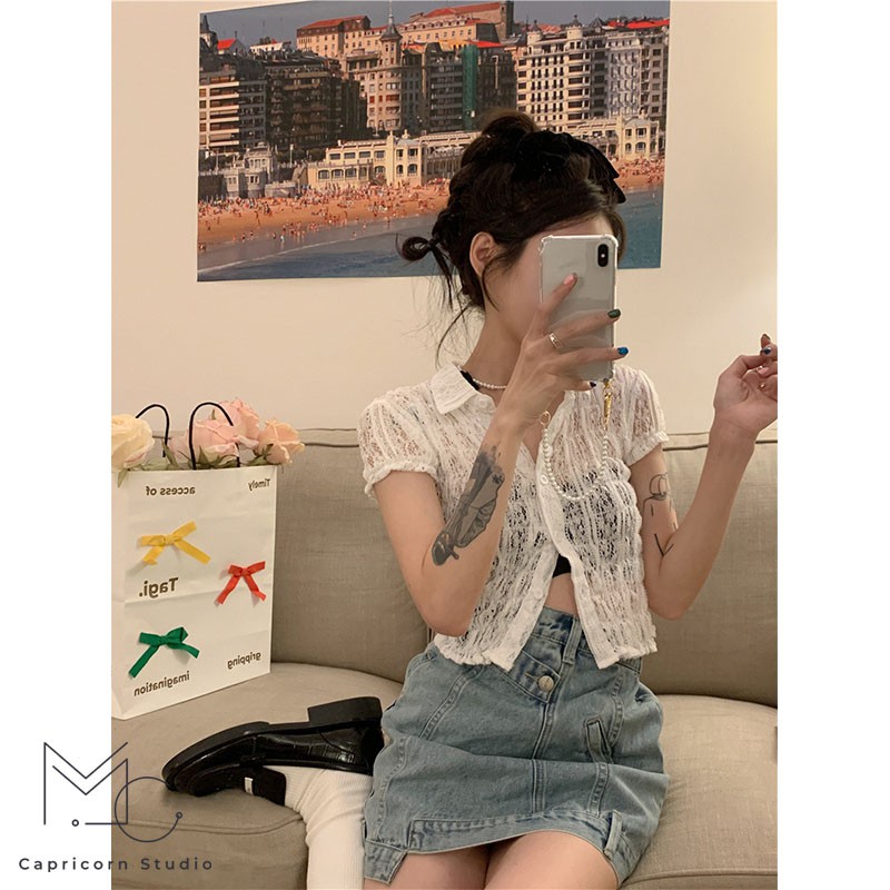 Set váy bò và áo cardigan ren ngắn tay điệu đà cho các nàng mùa hè 2021