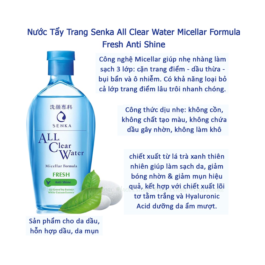 Nước Tẩy Trang Giảm Bóng Dầu Sạch Thoáng, Dưỡng Trắng Giúp Mờ Sạm Senka All Clear Water 230ml