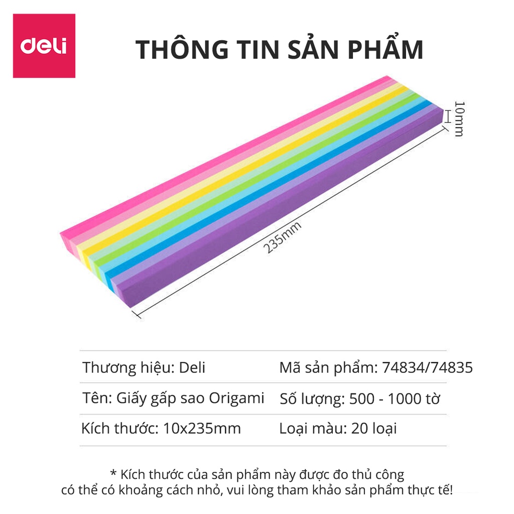 [Mã LIFEDE10 giảm 8% đơn 99K] 1000 tờ giấy gấp sao nhiều màu Deli - làm quà tặng, origami lucky star paper - 74834/74835