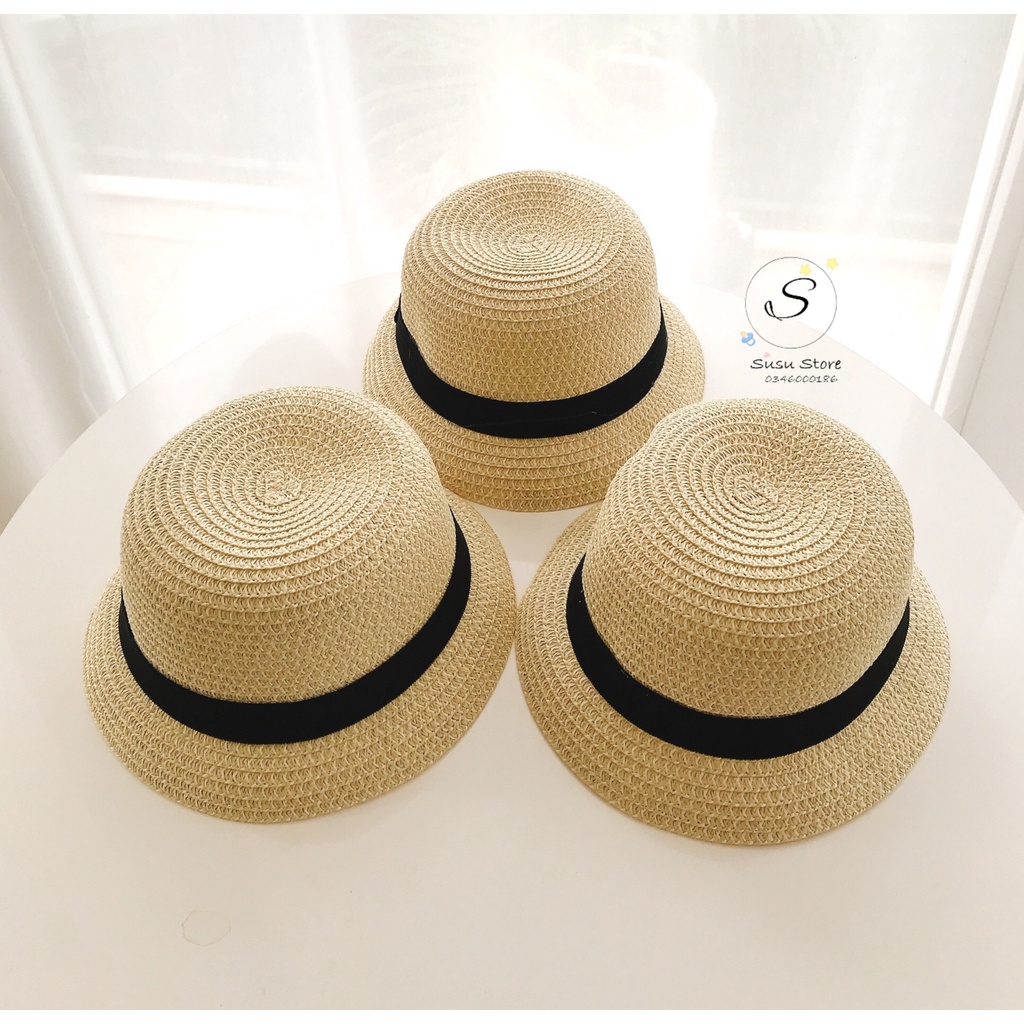 Mup 128: Mũ cói đai đen cho bé từ 9m-36m