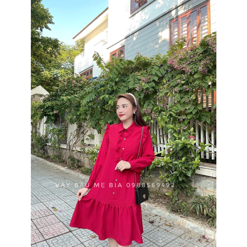 Váy Bầu Thu Đông - Đầm Bầu GUME màu đỏ đuôi cá bèo lệch MYC 1376