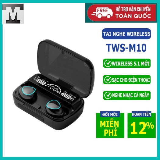 Tai nghe Bluetooth 5.1 M10 Pro pin 3500 mAh, kháng nước, chông bụi, có mic đàm thoại