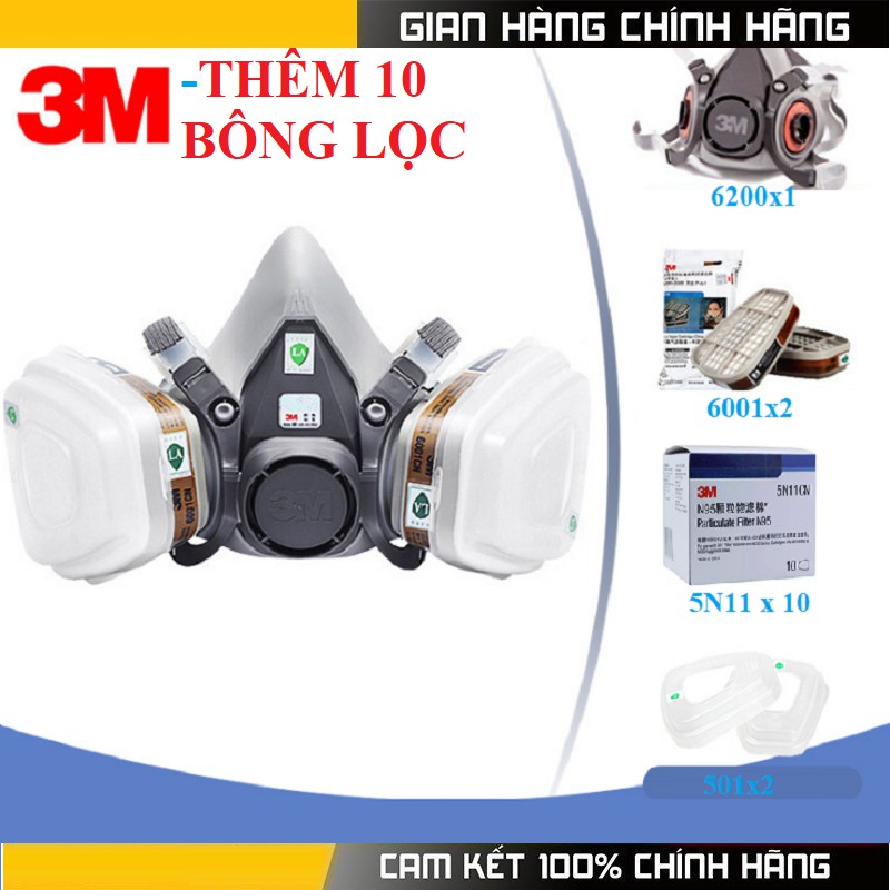 Bộ mặt nạ phòng độc 3M 6200 sử dụng phin lọc 3M 6001CN 100% than hoạt tính tự nhiên kèm thêm 10 tấm lọc bụi 3M 5N11