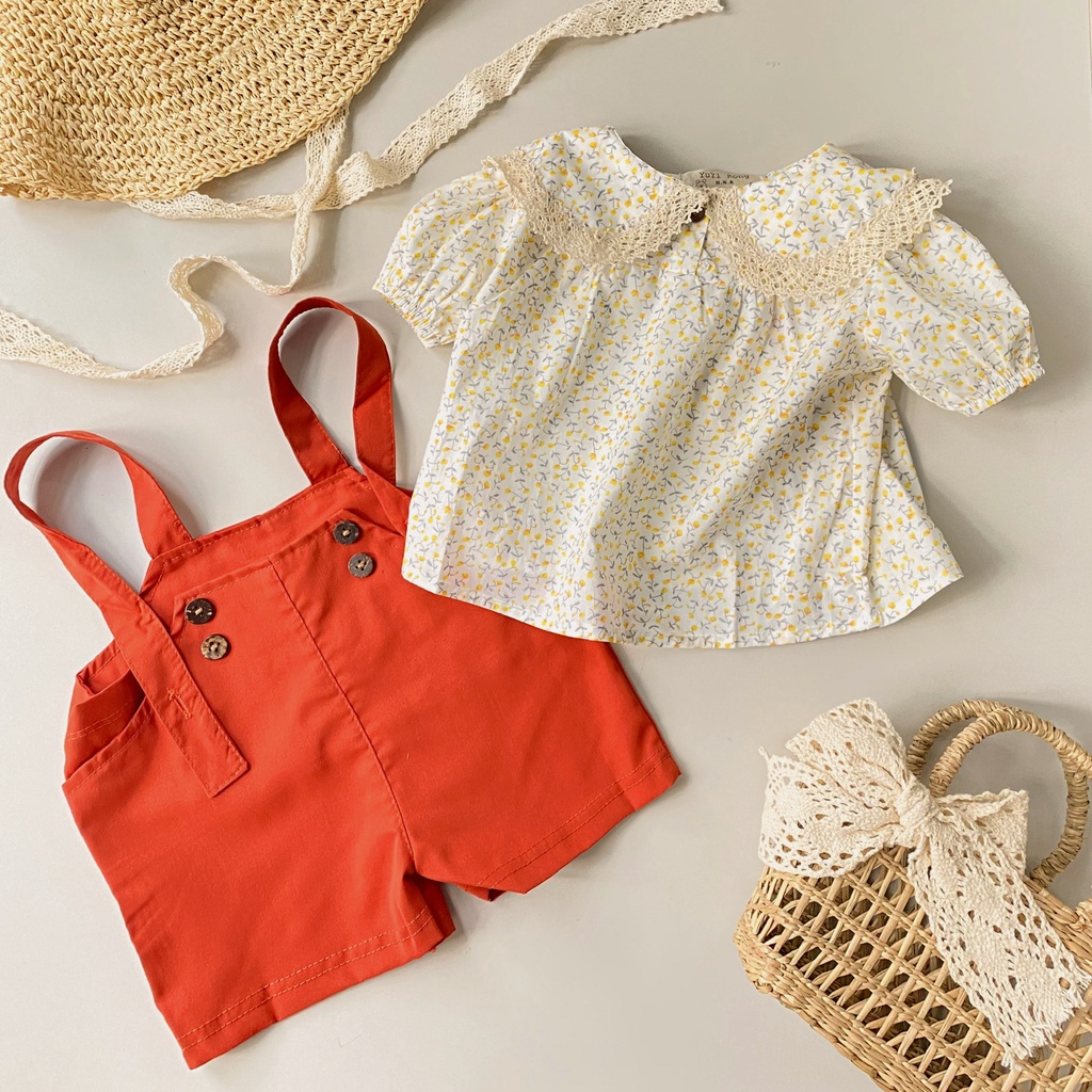 Set quần yếm kèm áo cổ sen tay ngắn cho bé gái 1 2 3 4 tuổi MINTSCLOSET Mint's Closet - YE5021