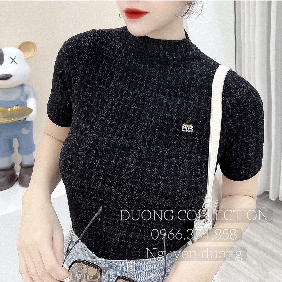 Áo nhũ kẻ cổ cao 3P dáng ôm ngắn tay, Áo kiểu cổ leo tag cài rời AN5211 - NhiNhi Shop