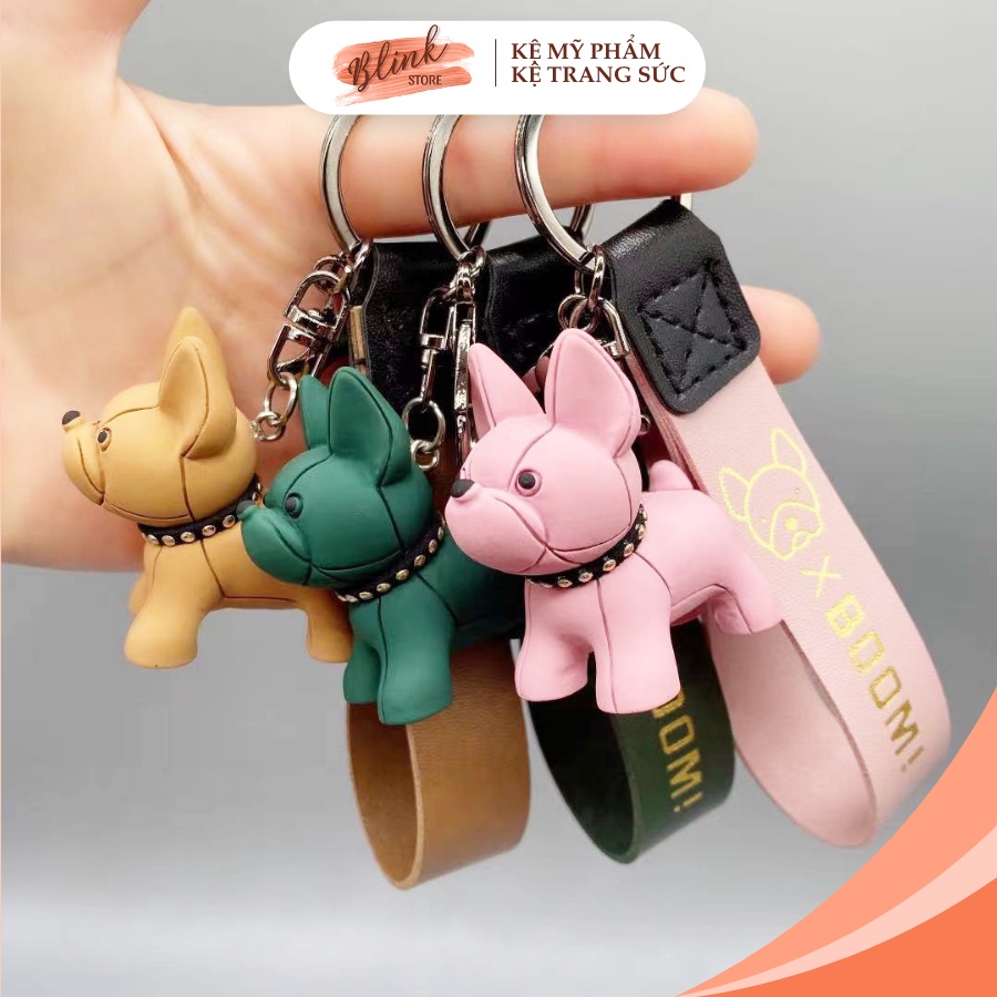 Móc khóa treo khóa ô tô, phụ kiện túi xách, balo hình cún Bull Pháp dây da cao cấp, đáng yêu, cá tính