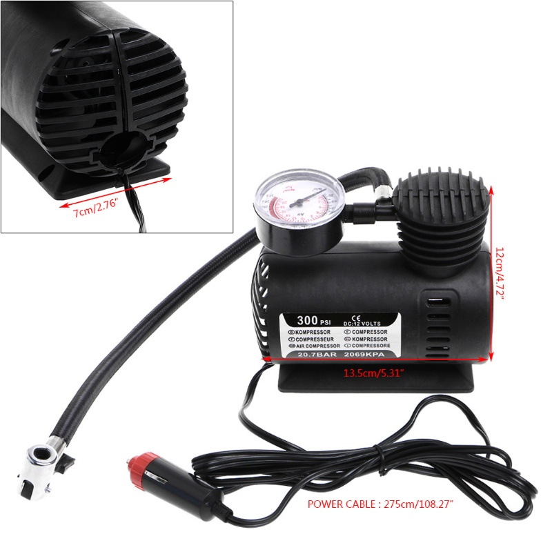 Máy bơm lốp xe hơi mini 300 PSI 12V kèm phụ kiện