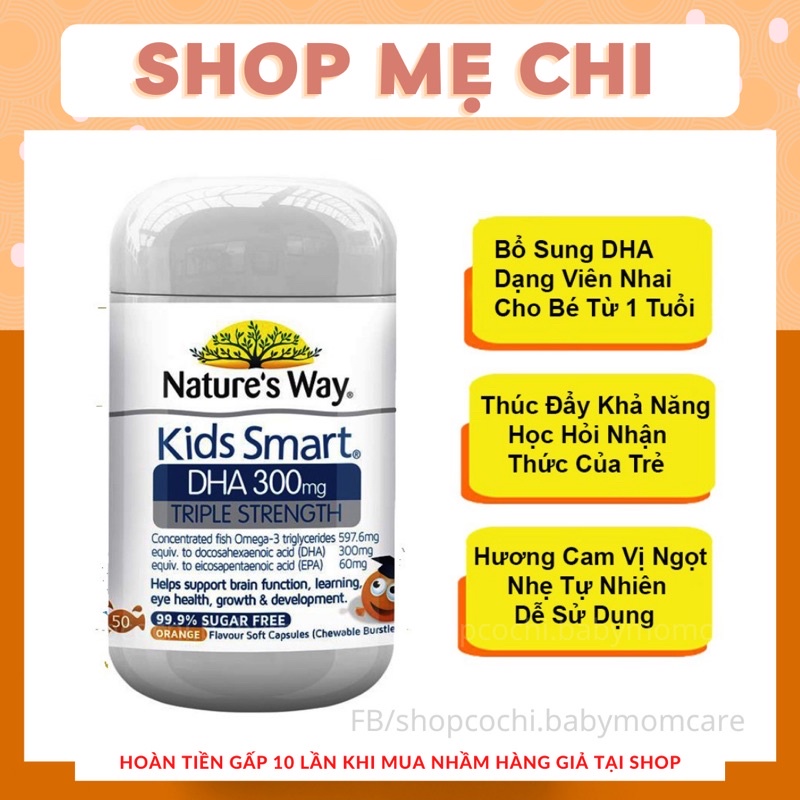 Viên Nhai Nature's Way Kids Smart DHA 300mg Triple Strength Tăng Cường Sự Phát Triển Của Trẻ 50 Viên