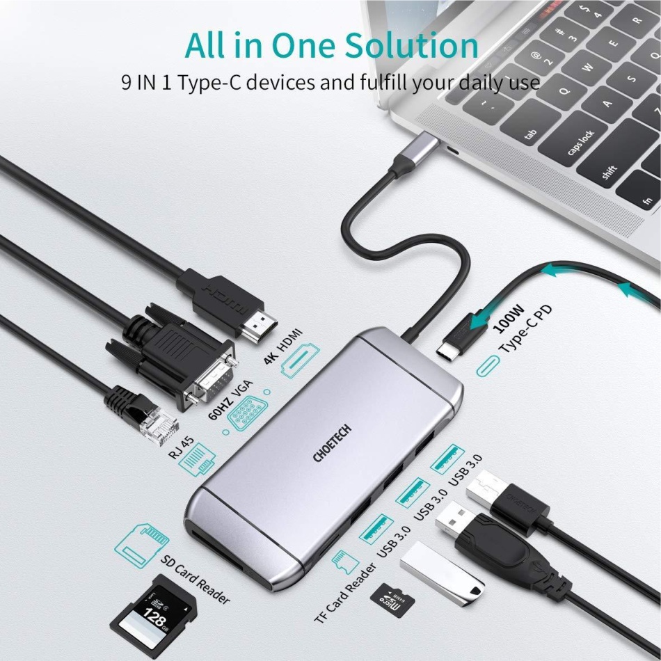 HUB Chuyển Đổi 9 in 1 Type C To HDMI 4K/ PD 100W/ USB 3.0/ Rj45 Ethernet/ VGA/ TF/ SD CHOETECH HUB-M15 - Hàng Chính Hãng