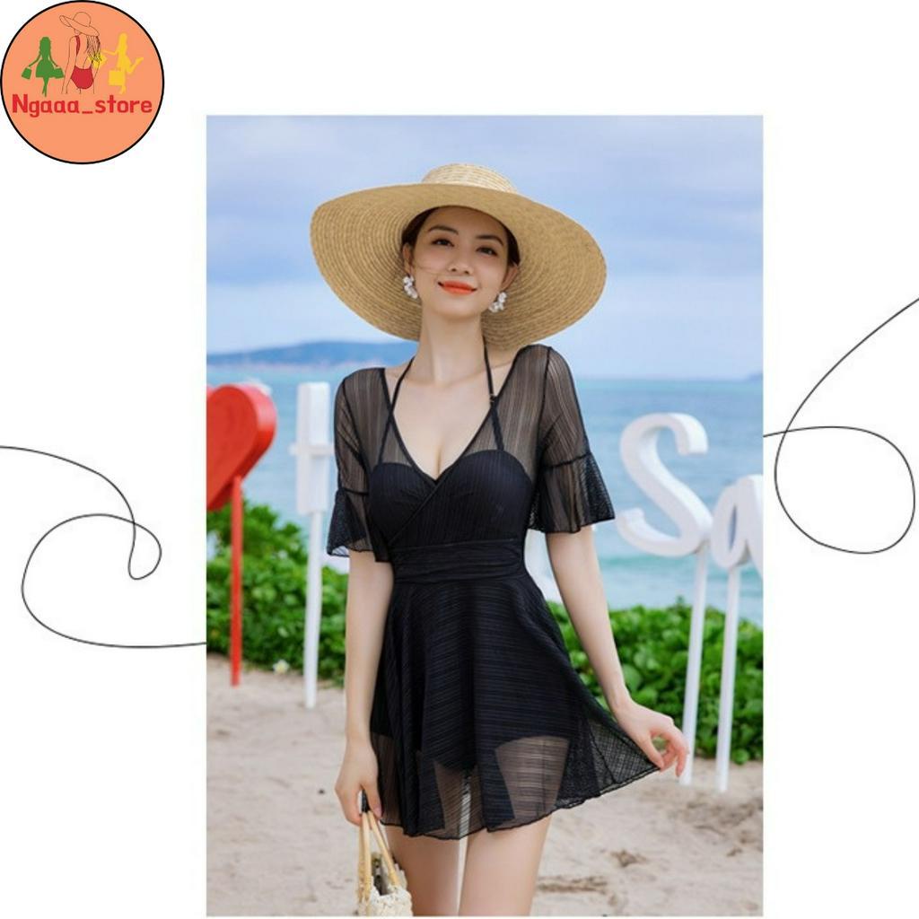 Đồ bơi nữ liền thân đi biển kín đáo BK0666, Bikini 1 mảnh tay cánh tiên có quần bảo hộ chân váy phong cách hàn quốc