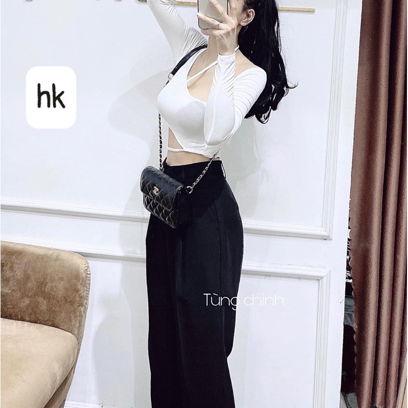 [CÓ ẢNH THẬT + VIDEO TỰ QUAY ] Áo Crt Có Dây Bụng Tay Dài Có 2 Màu From Ôm Mix Đồ Cực Xinh Lắm Luôn Nha