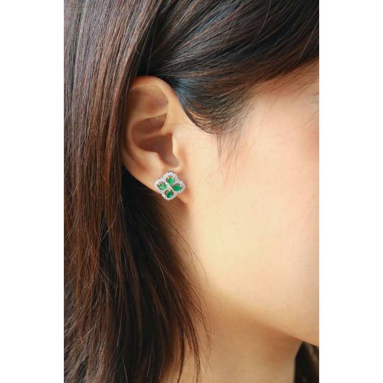 Set Vòng cổ + đôi khuyên tai + nhẫn hình cỏ bốn lá đính đá xanh lá may mắn