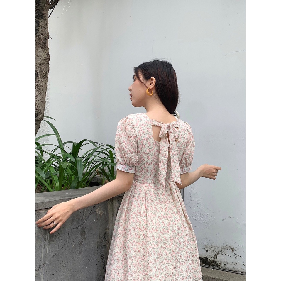 Đầm hoa babydoll cổ chữ V thắt nơ lưng chất vải hoa xốp - Lili dress (BT103)