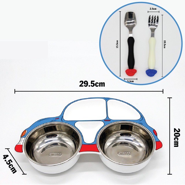Khay ăn dặm chia ngăn cho bé Inox  hình ô tô Royalcare 0805 - Set 3 món: khay ăn chia ngăng - Thìa tập xúc - Dĩa tập ăn