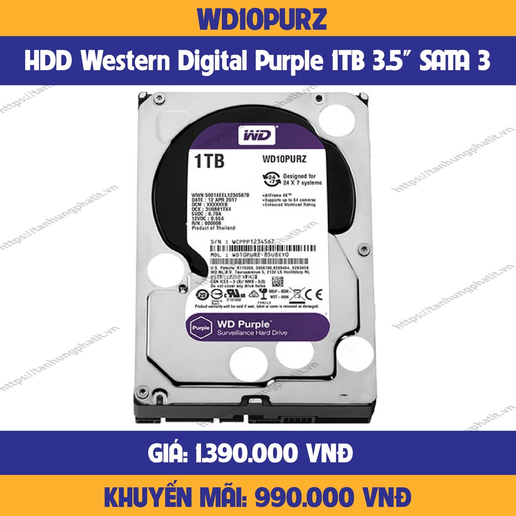 Ổ cứng HDD Western Digital Purple 1TB 3.5&quot; SATA 3 WD10PURZ Hàng chính hãng