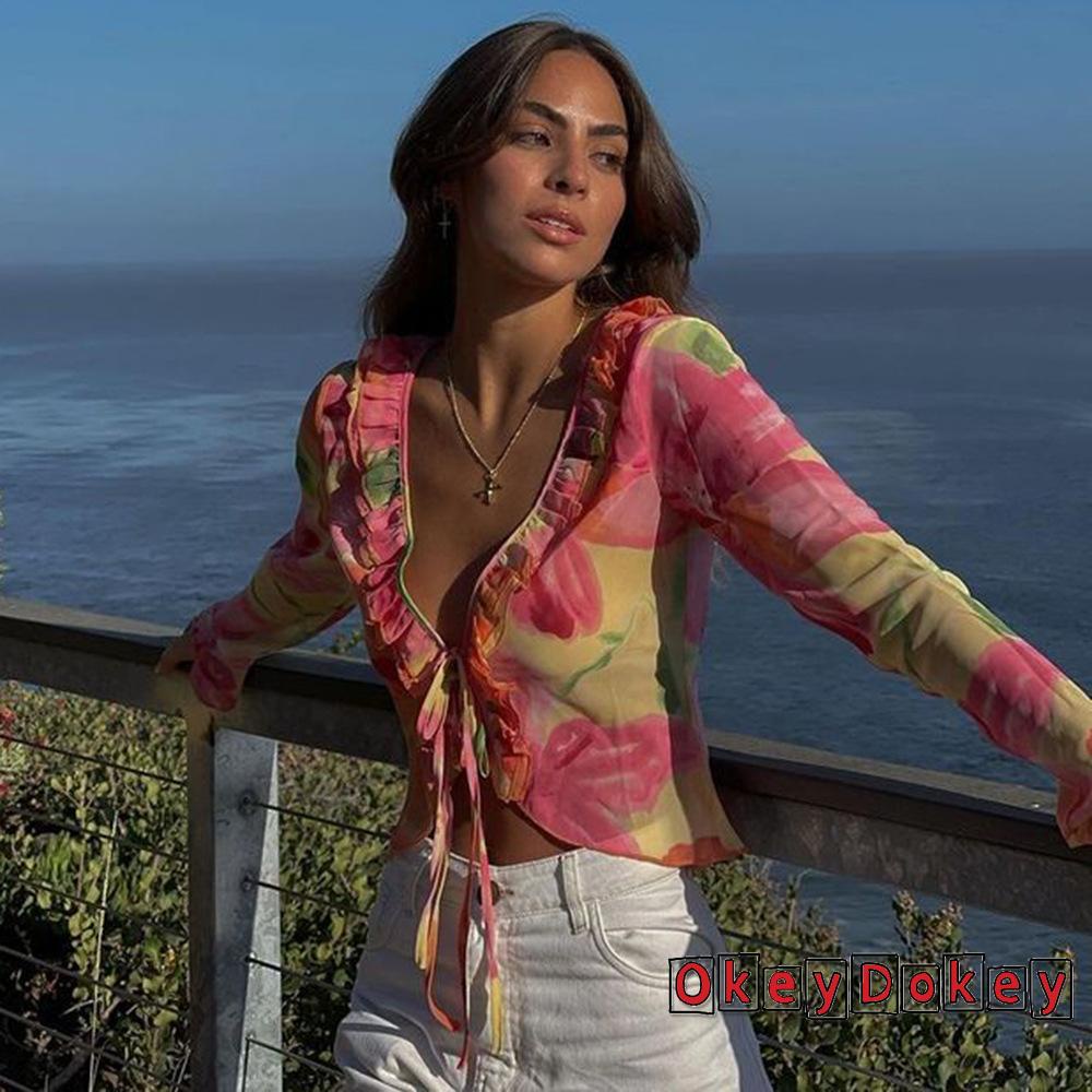 Áo Khoác Cardigan Tay Dài Dạng Xòe In Họa Tiết Hoa Xuyên Thấu Phong Cách BOHO Thời Trang Mùa Hè Cho Nữ