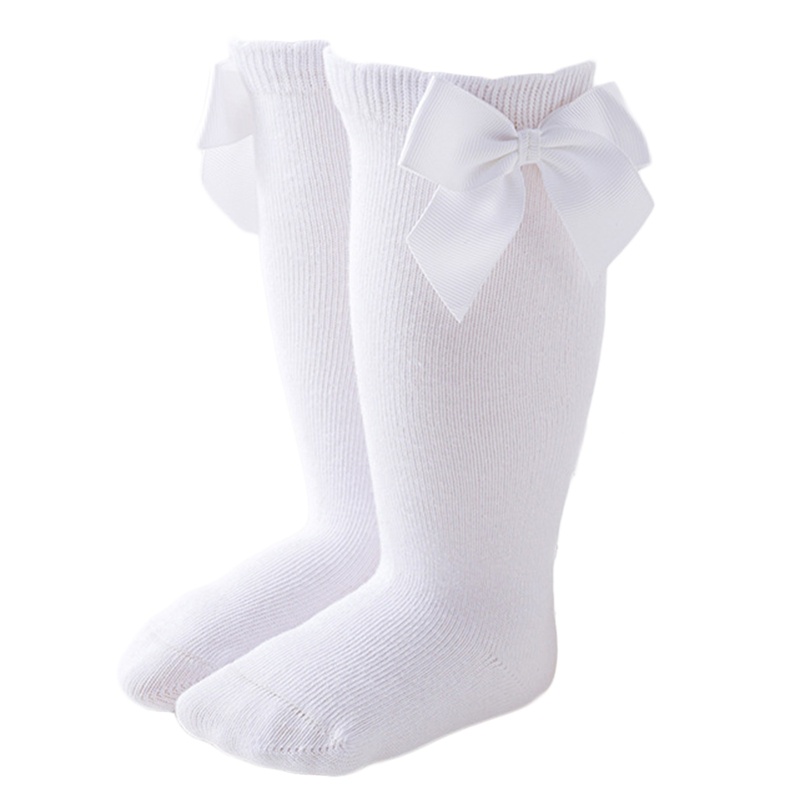 Vớ cotton cổ cao màu trơn đính nơ dễ thương cho bé gái