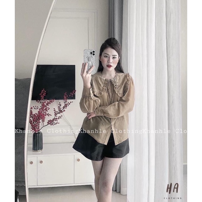 Áo sơ mi tơ nâu tây cổ bèo hàng quảng châu