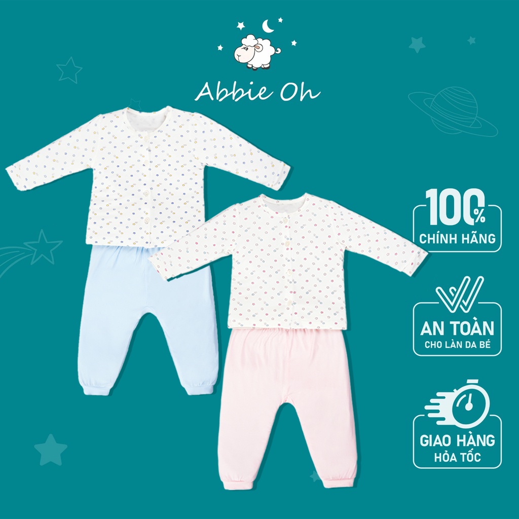 Bộ quần áo dài tay cài thẳng ABBIEOH chất liệu cotton in tràn sao cho bé trai và bé gái 0-9 tháng BO270 SS21