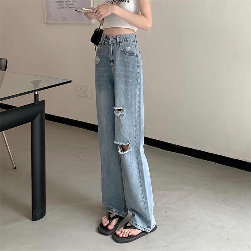 COZOK Quần Jean Ống Rộng Lưng Cao Phối Rách Cá Tính Trẻ Trung