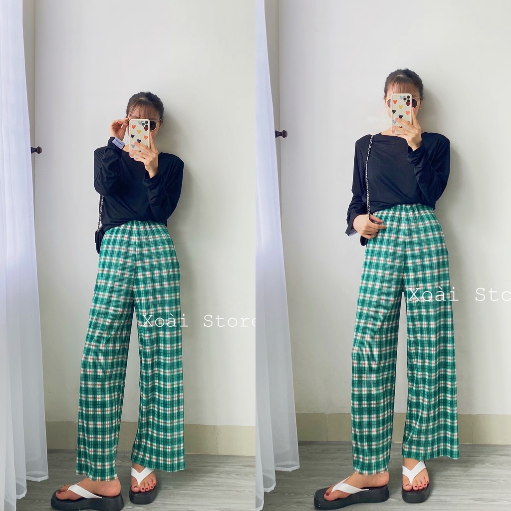 Quần Suông Nữ Ống Rộng Kẻ Caro Xanh Lá Dáng Dài Cạp Cao/Quần Kẻ Caro Ống Rộng XOÀI STORE