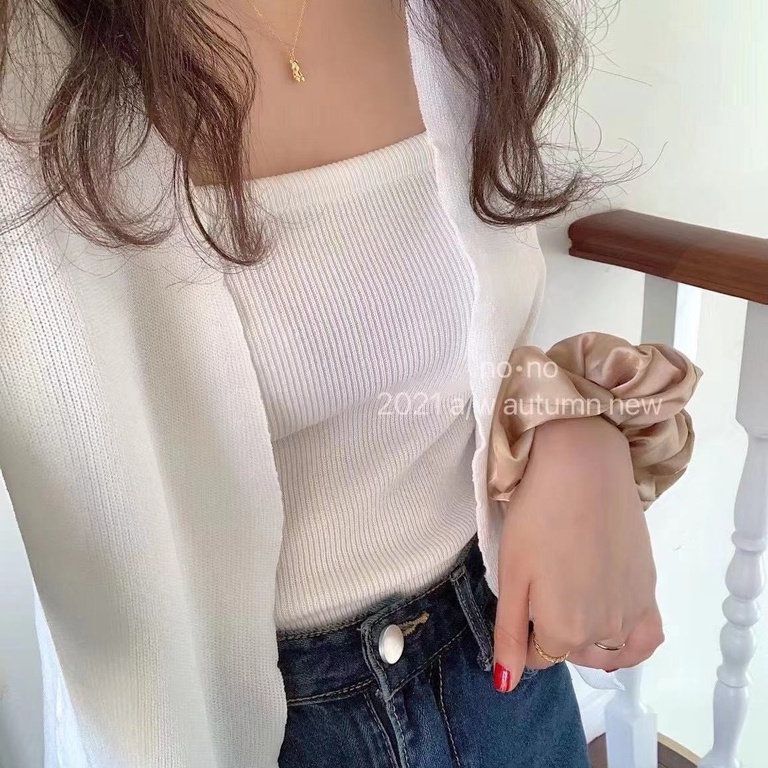 SUXI Set áo cardigan tay dài kẻ sọc và áo hai dây phong cách Hàn Quốc thời trang mùa thu
