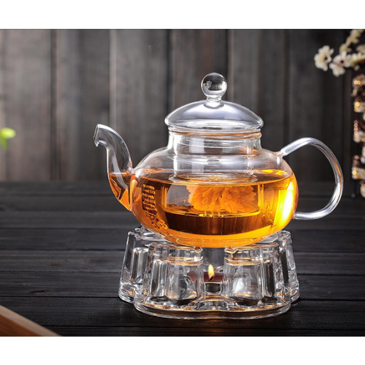 Bộ ấm trà thủy tinh 6 chén kèm đế nến châm trà chịu nhiệt 658 dung tích 600ml sử dụng được cả đèn cồn và cốc nến