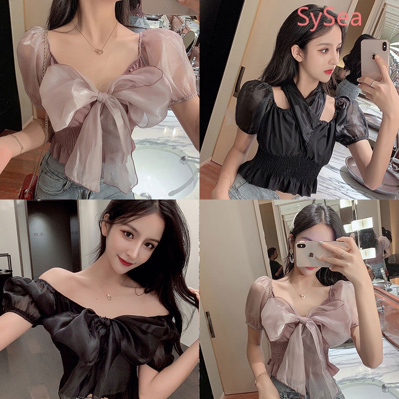 Áo Kiểu Ngắn Tay Phối Nơ Xinh Xắn Dành Cho Nữ