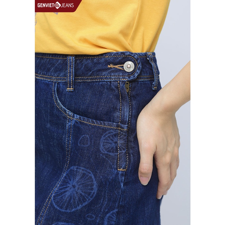 Chân Váy Jeans Nữ Chữ A Dáng Ngắn Cạp Cao GENVIET Chất Bò Mềm Cao Cấp Họa Tiết Phối TJ328J1000