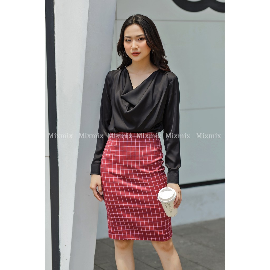 Áo sơ mi lụa cổ đổ Doris màu đen bí ẩn - MIXMIX - Hàng thiết kế - Hình ảnh độc quyền shop tự chụp