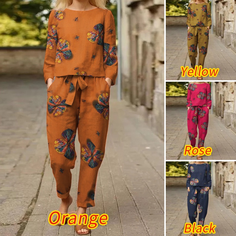 Bộ trang phục Zanzea gồm áo và quần dáng dài in họa tiết hoa có túi phong cách vintage cho nữ