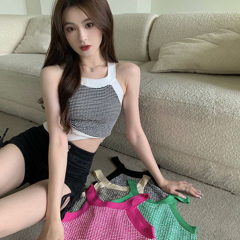 Áo Tank Top Dệt Kim Hoạ Tiết Kẻ Sọc Thiết Kế Ôm Sát Tôn Dáng
