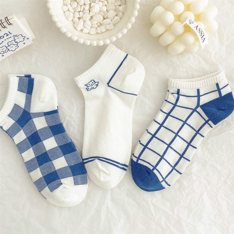 Tất nữ Choobe cổ ngắn cotton co giãn tốt chống hôi chân họa tiết hình gấu dễ thương set 5 đôi màu xanh PK21