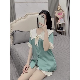 Bộ đồ ngủ pijama lụa tay ngắn- quần đùi chất liệu lụa satin bèo cổ nơ dưới 60kg