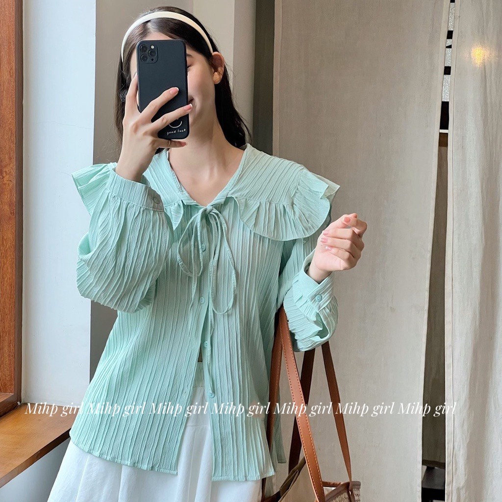 Áo sơ mi kiểu nữ dài tay, sơ mi gân cổ bèo thắt nơ thủy thủ