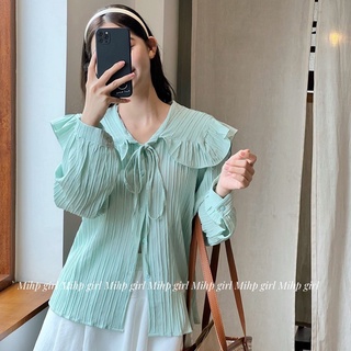 Áo sơ mi kiểu nữ dài tay, sơ mi gân cổ bèo thắt nơ thủy thủ